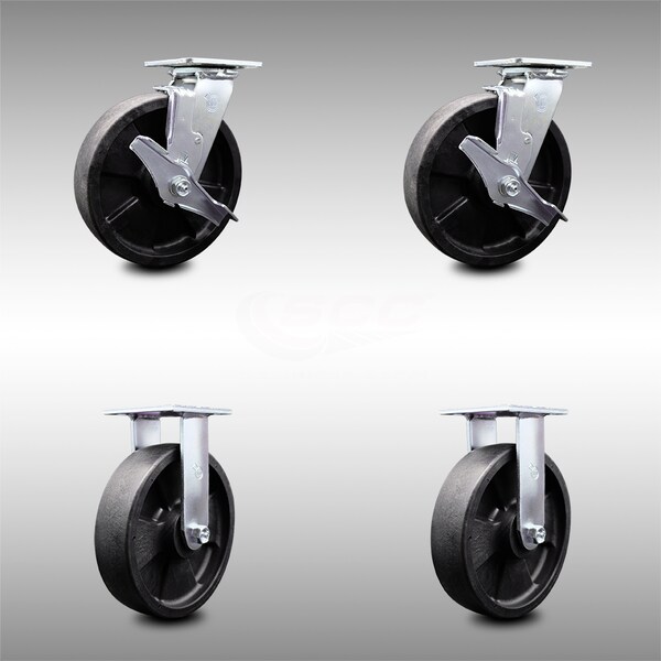 8 Inch SS Glass Filled Nylon Caster Set with Roller Bearing 2 Brakes 2 Rigid SCC